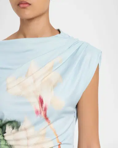 Oscar de la Renta Chinese Cyclamen-Print Draped Jersey Maxi Dress | Thumbnail 5 Oscar de la Renta Chinese Cyclamen-Print Draped Jersey Maxi Dress | Thumbnail 5