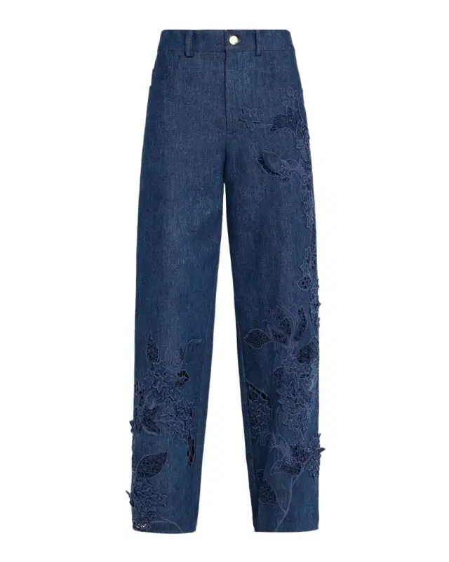 Porcelain Flowers Embroidered Denim Straight-Leg Jeans