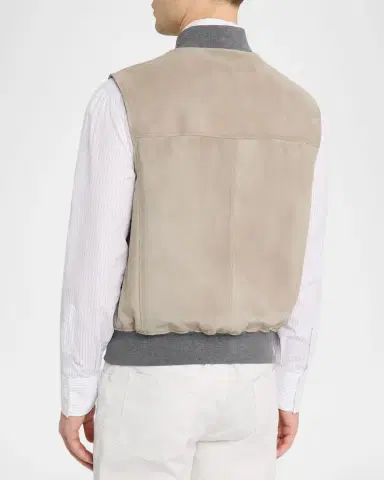 Brunello Cucinelli Men's Ribbed-Trim Leather Vest | Thumbnail 3 Brunello Cucinelli Men's Ribbed-Trim Leather Vest | Thumbnail 3
