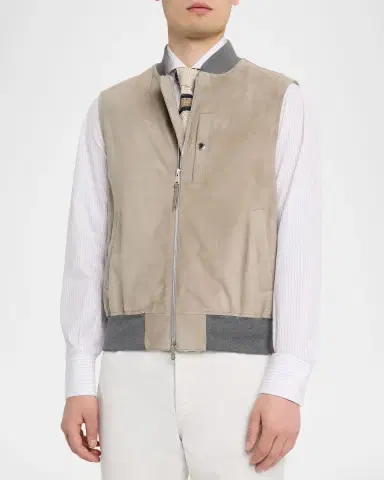 Brunello Cucinelli Men's Ribbed-Trim Leather Vest | Thumbnail 4 Brunello Cucinelli Men's Ribbed-Trim Leather Vest | Thumbnail 4