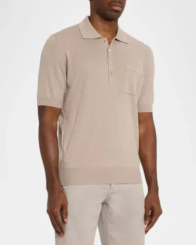 Brunello Cucinelli Men's Cotton Textured Rib-Knit Polo Shirt | Thumbnail 4 Brunello Cucinelli Men's Cotton Textured Rib-Knit Polo Shirt | Thumbnail 4