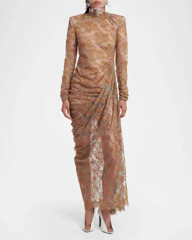 Valentino Garavani Feather-Trim Draped Lace Long-Sleeve Maxi Dress | Thumbnail 2 Valentino Garavani Feather-Trim Draped Lace Long-Sleeve Maxi Dress | Thumbnail 2