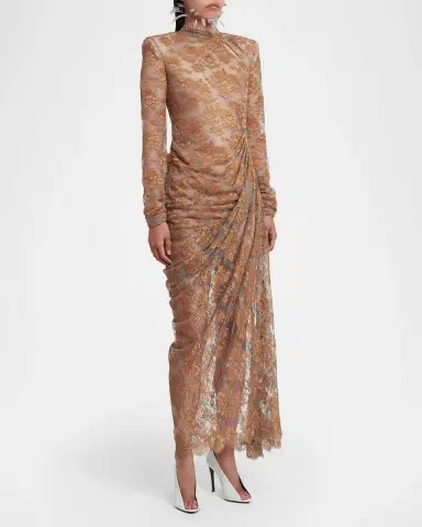 Valentino Garavani Feather-Trim Draped Lace Long-Sleeve Maxi Dress | Thumbnail 4 Valentino Garavani Feather-Trim Draped Lace Long-Sleeve Maxi Dress | Thumbnail 4