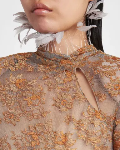 Valentino Garavani Feather-Trim Draped Lace Long-Sleeve Maxi Dress | Thumbnail 5 Valentino Garavani Feather-Trim Draped Lace Long-Sleeve Maxi Dress | Thumbnail 5