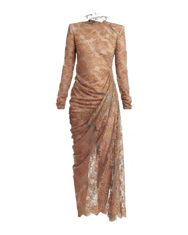Valentino Garavani Feather-Trim Draped Lace Long-Sleeve Maxi Dress | Thumbnail 1 Valentino Garavani Feather-Trim Draped Lace Long-Sleeve Maxi Dress | Thumbnail 1