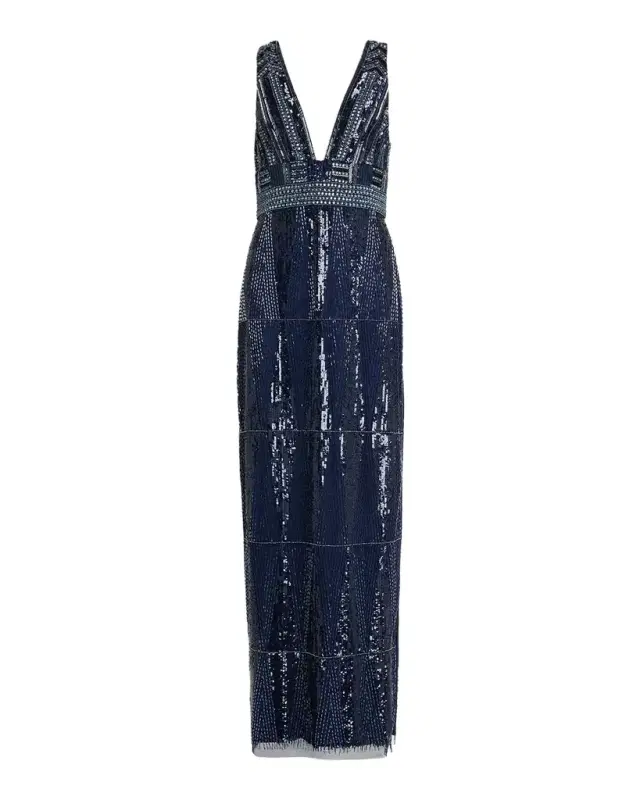 Aidan Mattox Beaded Deep V-Neck Column Gown