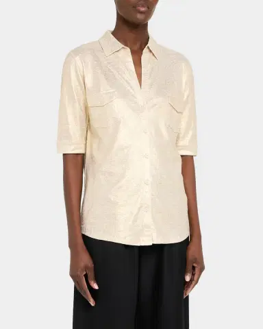 MAJESTIC FILATURES Button-Down Metallic Stretch Linen Shirt | Thumbnail 4