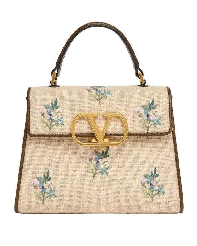 Small Floral-Embroidered Woven Flax Top-Handle Bag