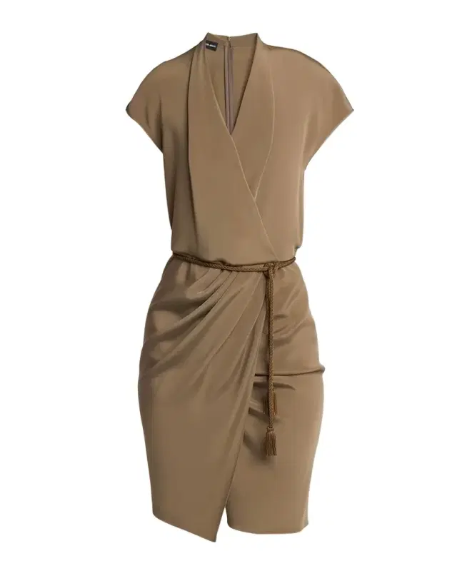 Giorgio Armani Rope Belted Short-Sleeve Draped Dress