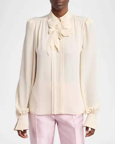 Valentino Garavani Flower Applique Silk Collared Top | Thumbnail 4 Valentino Garavani Flower Applique Silk Collared Top | Thumbnail 4
