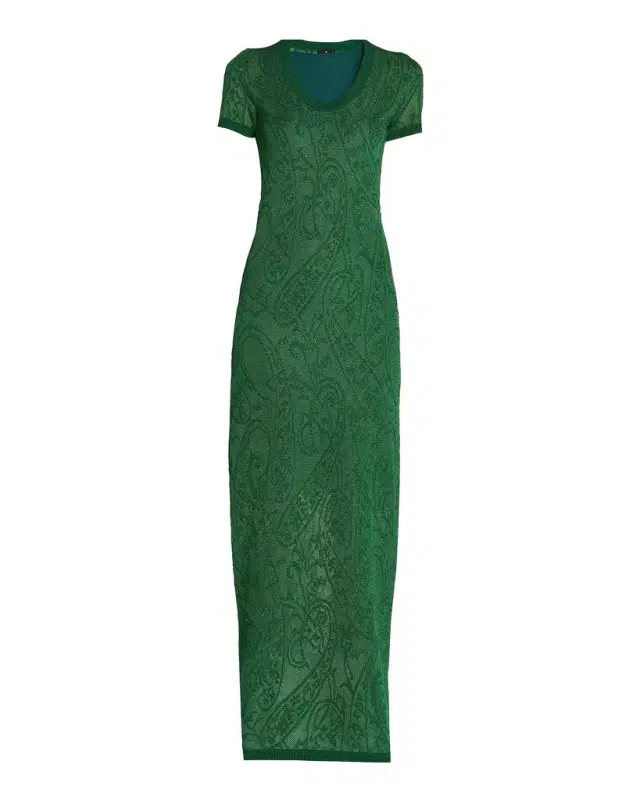 Paisley Jacquard Knit Short-Sleeve Maxi Dress