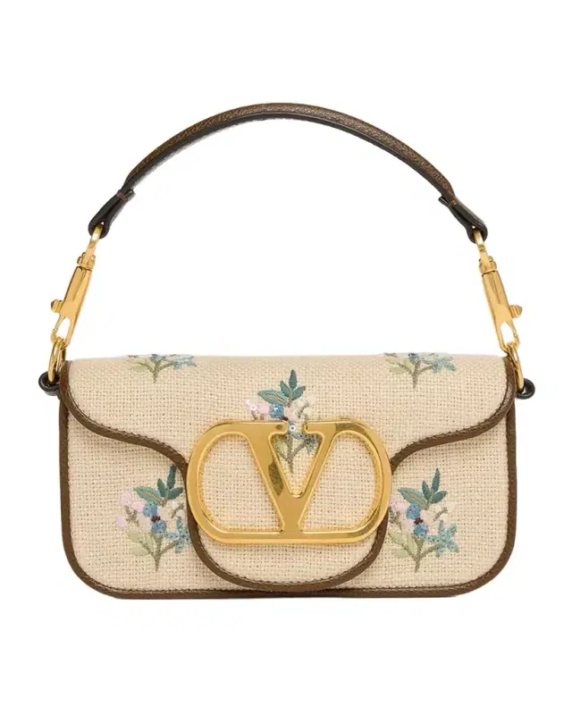 Valentino Garavani Small Floral-Embroidered Woven Flax Shoulder Bag