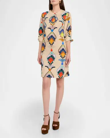 Maison Common Abstract-Print Cotton Poplin 3/4-Sleeve Dress | Thumbnail 2 Maison Common Abstract-Print Cotton Poplin 3/4-Sleeve Dress | Thumbnail 2