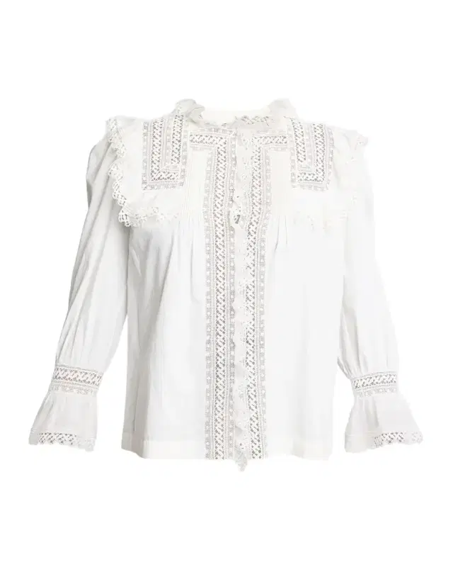Lace-Yoke Ruffle Poplin Blouse
