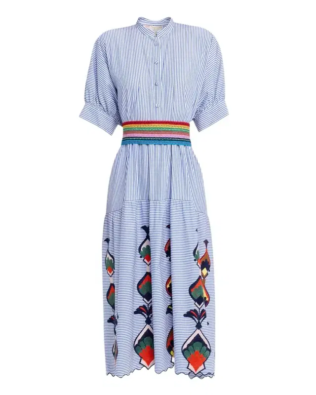 Striped Cotton Embroidered Midi Shirtdress