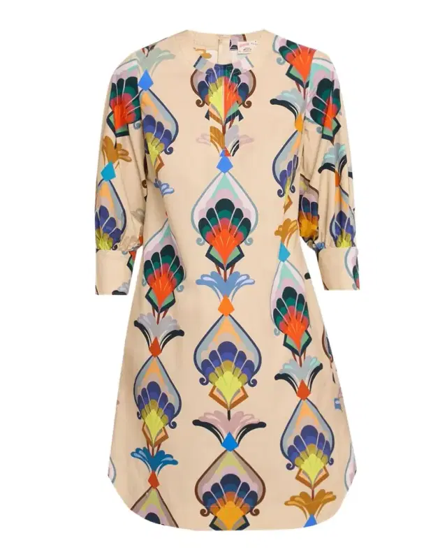 Abstract-Print Cotton Poplin 3/4-Sleeve Dress