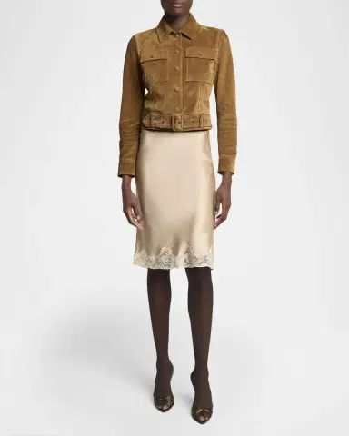 Saint Laurent Lace-Trim Satin Knee-Length Skirt | Thumbnail 2 Saint Laurent Lace-Trim Satin Knee-Length Skirt | Thumbnail 2