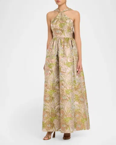 Aidan Mattox Draped Floral Jacquard Halter Gown | Thumbnail 4 Aidan Mattox Draped Floral Jacquard Halter Gown | Thumbnail 4