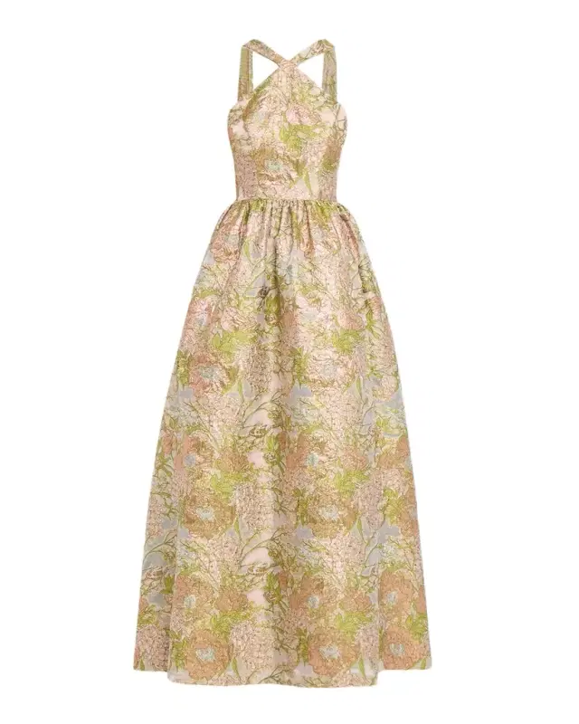 Aidan Mattox Draped Floral Jacquard Halter Gown