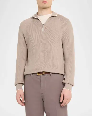 Brunello Cucinelli Men 's Cotton English Rib Half-Zip Sweater | Thumbnail 4