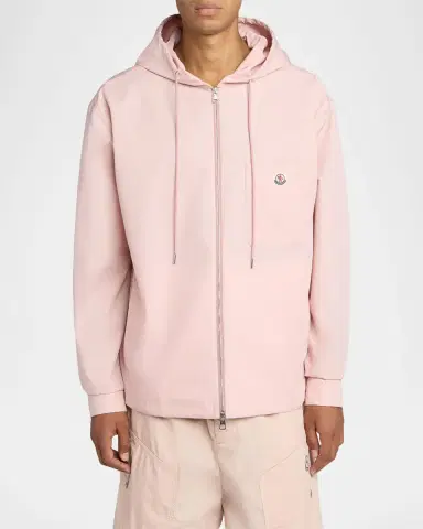 Moncler Men's Pocket-Logo Poplin Full-Zip Hoodie | Thumbnail 4