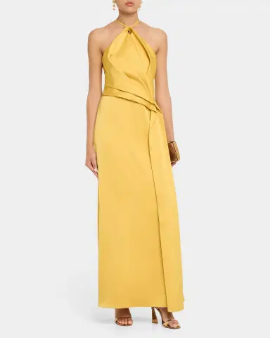 Aidan Mattox Draped Crepe Back Satin Halter Gown | Thumbnail 4