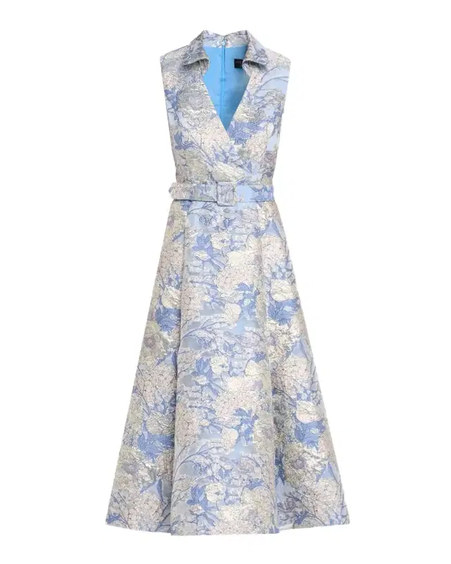 Aidan Mattox Belted Metallic Floral Jacquard Midi Dress