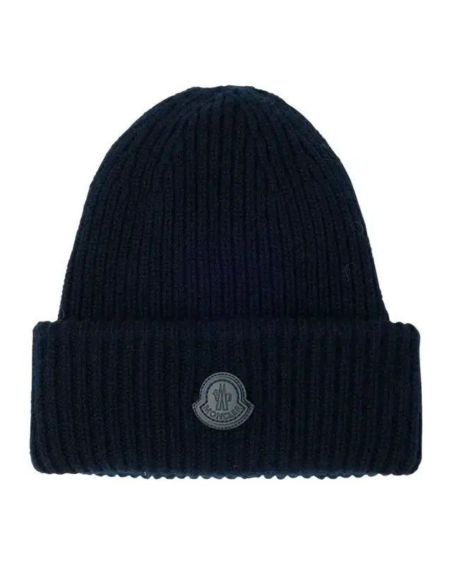 Men's Cashmere Rib Leather-Logo Beanie Hat