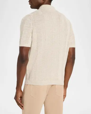 Brunello Cucinelli Men's Linen and Cotton Ribbed Short-Sleeve Polo Sweater | Thumbnail 3 Brunello Cucinelli Men's Linen and Cotton Ribbed Short-Sleeve Polo Sweater | Thumbnail 3