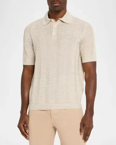 Brunello Cucinelli Men's Linen and Cotton Ribbed Short-Sleeve Polo Sweater | Thumbnail 4 Brunello Cucinelli Men's Linen and Cotton Ribbed Short-Sleeve Polo Sweater | Thumbnail 4