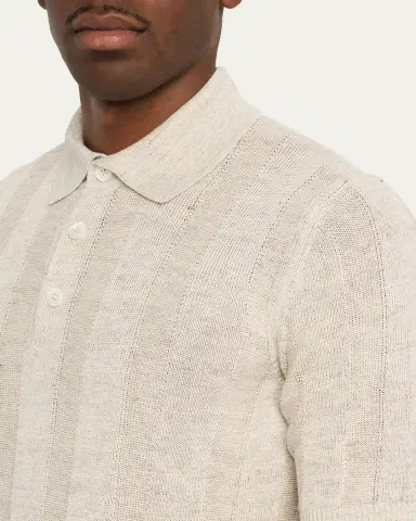 Brunello Cucinelli Men's Linen and Cotton Ribbed Short-Sleeve Polo Sweater | Thumbnail 5 Brunello Cucinelli Men's Linen and Cotton Ribbed Short-Sleeve Polo Sweater | Thumbnail 5