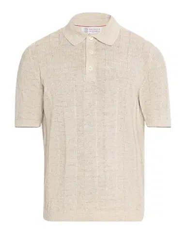 Brunello Cucinelli Men's Linen and Cotton Ribbed Short-Sleeve Polo Sweater | Thumbnail 1 Brunello Cucinelli Men's Linen and Cotton Ribbed Short-Sleeve Polo Sweater | Thumbnail 1