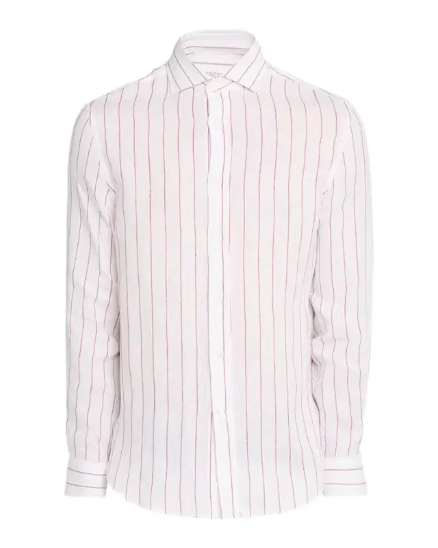 Brunello Cucinelli Men 's Linen Pinstripe Spread Collar Button-Down Shirt