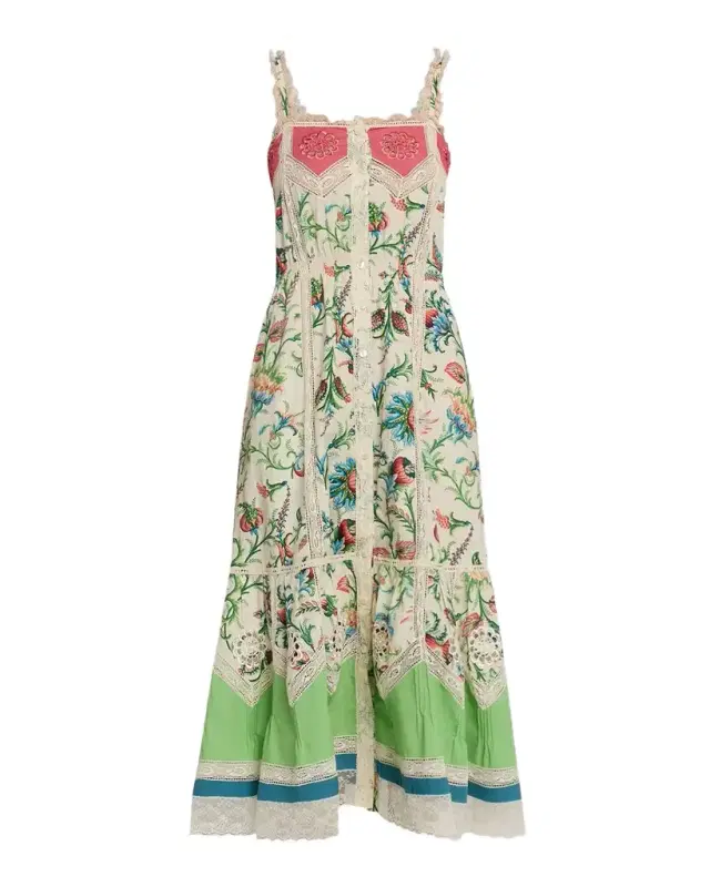 Crochet-Inset Floral Cotton Button-Front Midi Dress