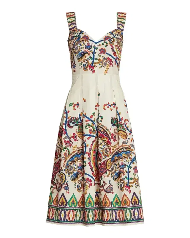 Paisley Pleated Cotton Midi Dress