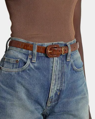 Saint Laurent Cassandre Croco-Embossed Leather Thin Belt | Thumbnail 2
