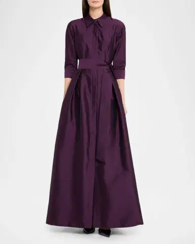 Rickie Freeman for Teri Jon 3/4-Sleeve Taffeta Shirtdress Gown | Thumbnail 2 Rickie Freeman for Teri Jon 3/4-Sleeve Taffeta Shirtdress Gown | Thumbnail 2