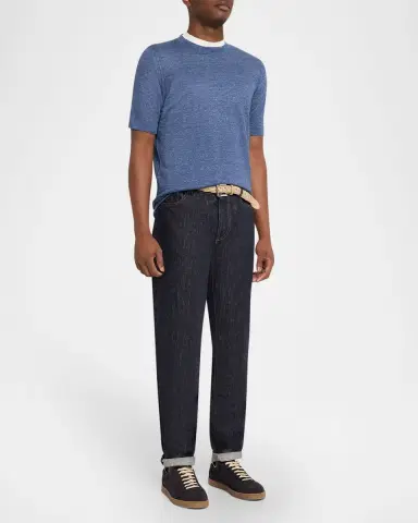 Brunello Cucinelli Men's Linen and Cotton Knit Short-Sleeve Sweater | Thumbnail 2 Brunello Cucinelli Men's Linen and Cotton Knit Short-Sleeve Sweater | Thumbnail 2