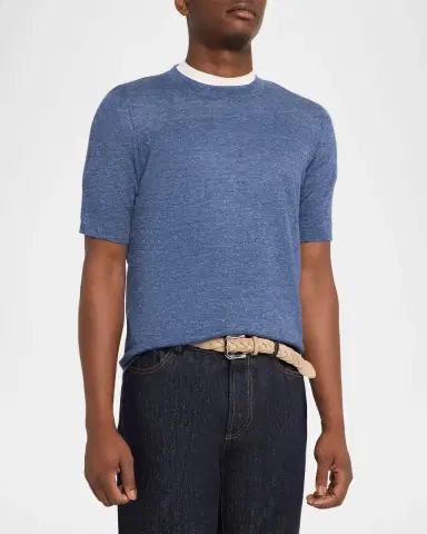 Brunello Cucinelli Men's Linen and Cotton Knit Short-Sleeve Sweater | Thumbnail 4 Brunello Cucinelli Men's Linen and Cotton Knit Short-Sleeve Sweater | Thumbnail 4