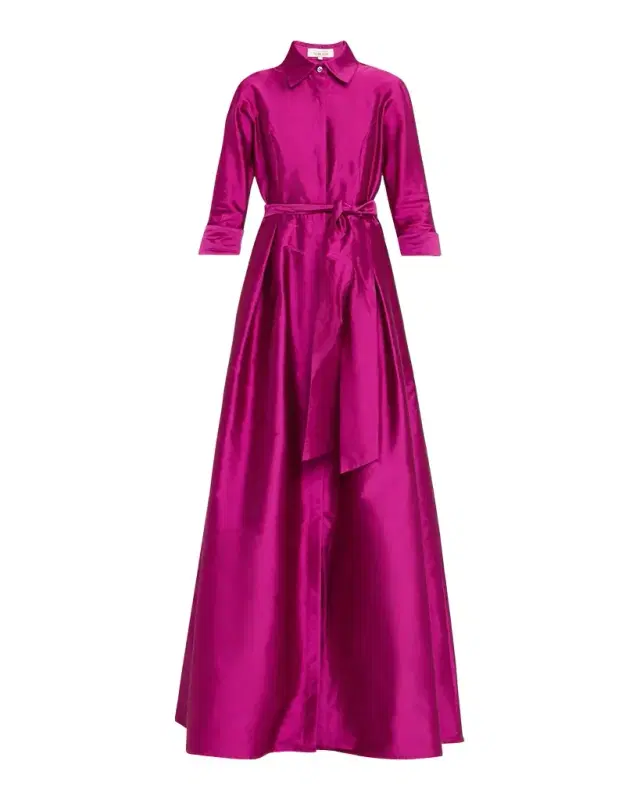 Rickie Freeman for Teri Jon 3/4-Sleeve Taffeta Shirtdress Gown