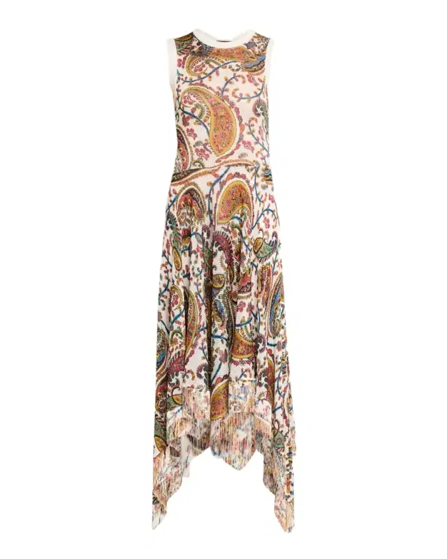 Paisley Knit Fringed Handkerchief Midi Dress