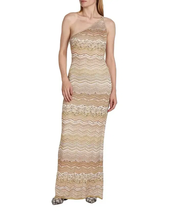 Metallic Chevron One-Shoulder Maxi Dress
