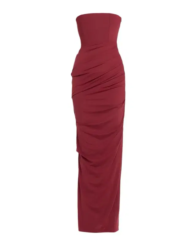 Strapless Tucked Stretch Mesh Column Gown