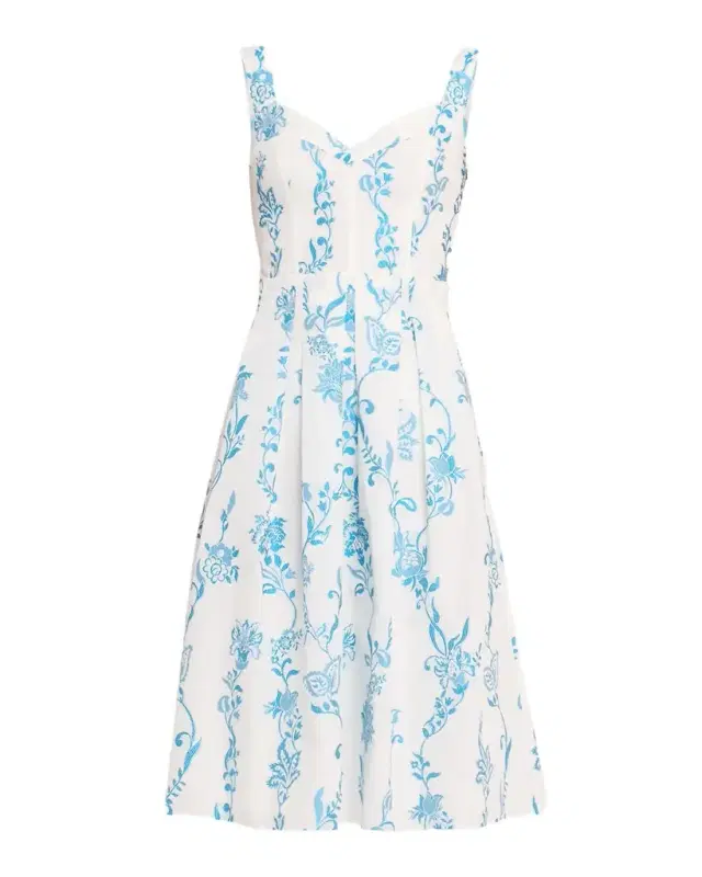 Floral Embroidered Cotton Sleeveless Pleated Midi Dress