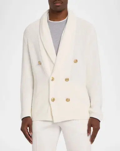 Brunello Cucinelli Men's Cotton Knit Double-Breasted Shawl Cardigan | Thumbnail 4