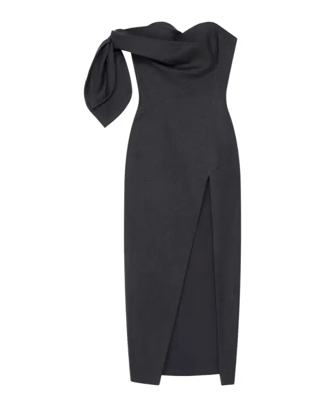 Strapless Bow Bustier Slit Midi Dress