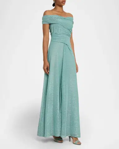 Talbot Runhof Draped Off-The-Shoulder Metallic Plisse Gown | Thumbnail 4