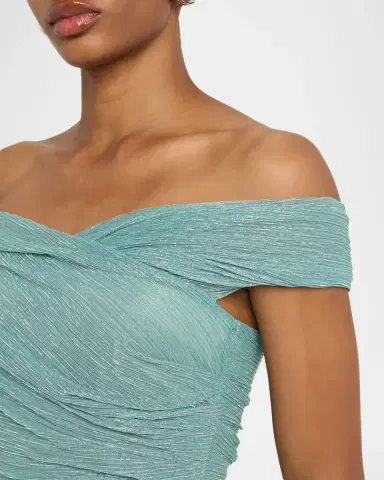 Talbot Runhof Draped Off-The-Shoulder Metallic Plisse Gown | Thumbnail 5