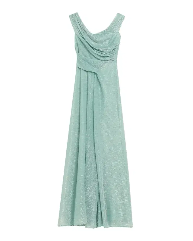Talbot Runhof Draped Off-The-Shoulder Metallic Plisse Gown