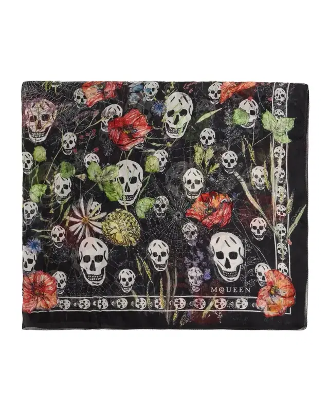 McQueen Skull & Spider Floral Silk Scarf